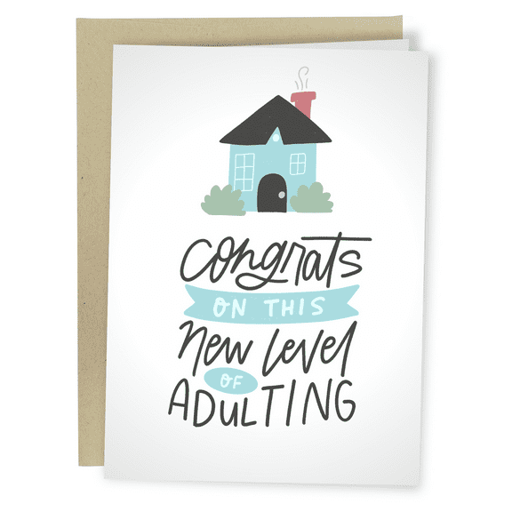 Congratulations Card for New Homeowners – “Congrats on This New Level of Adulting” – Fun House Design – Blank Inside – Perfect Gift for Housewarming or New Home Celebration