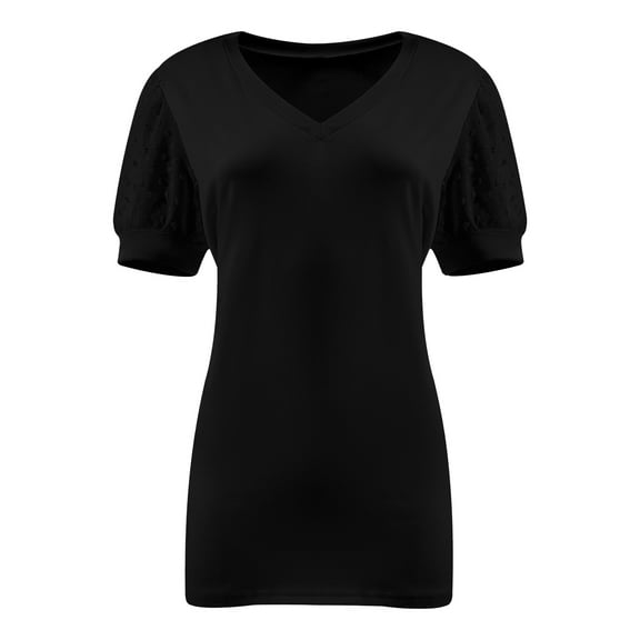 Womens Casual Cropped T Shirts V Neck Swiss Dot Puff Sleeve Crop Tops Summer Loose Basic Tees Tshirts