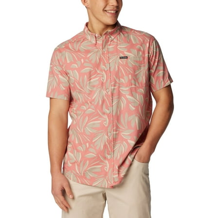 Columbia Mens Regular fit Short Sleeve Button-Up Shirt Small Red Floral