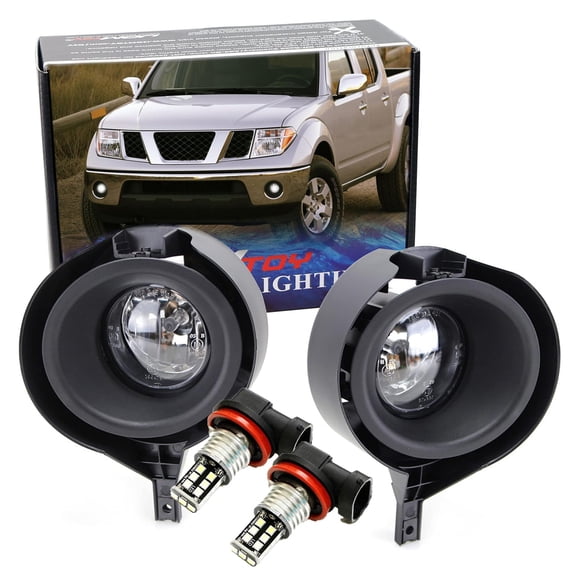 Clear Lens Fog Lights w/15-SMD Super Bright Xenon White LED Replacement Bulbs, Bezel Covers and Wiring Harness Switch For 2005-2020 Nissan Frontier w/Metal Chrome Bumper