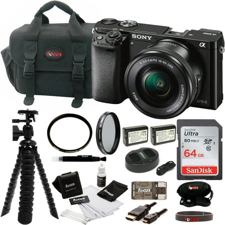 Sony Alpha a6000 Mirrorless Camera w/ 16-50mm Lens & 64GB SD Card Bundle (Black)