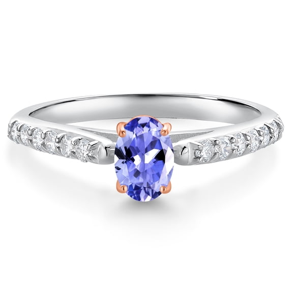 Gem Stone King 925 Silver and 10K Rose Gold Blue Tanzanite and White Lab Grown Diamond Engagement Ring for Women (0.63 Cttw, Oval 6X4MM, Gemstone December Birthstone, Size 6)