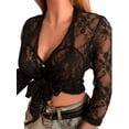 thumbnail image 4 of VISgogo Mujeres Primavera Verano Crop Tops Negro Manga Larga Cuello en V Profundo Encaje Transparente Camiseta VISgogo  moda, 4 of 7