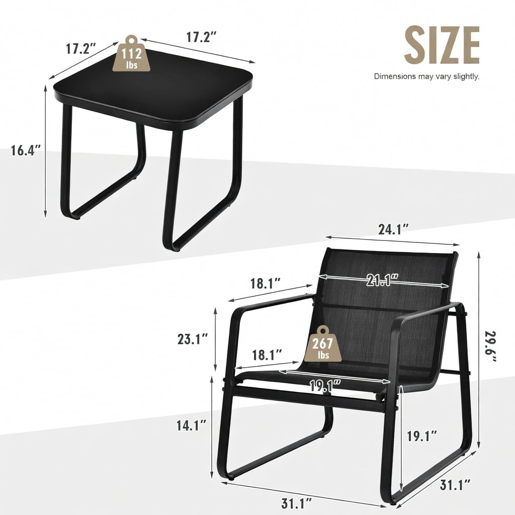 Hommoo 3-Piece Steel Patio Bistro Set with Tempered Glass Table, Modern Outdoor Dining Chairs & Coffee Table for Deck, Garden, Balcony & Poolside, Black
