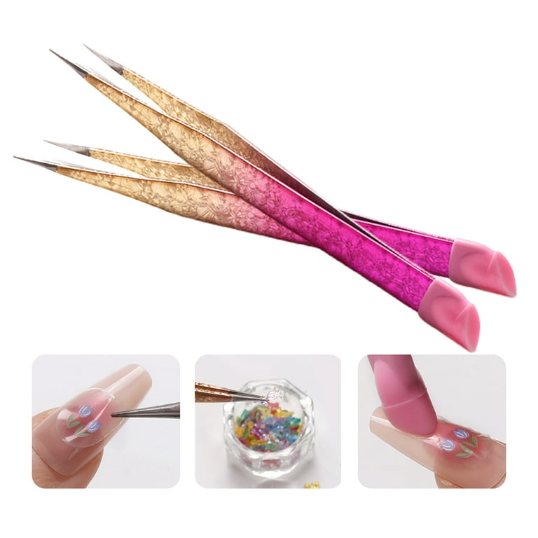 Double Ended Nail Art Tweezers With Silicone Pressing Head, 1pc