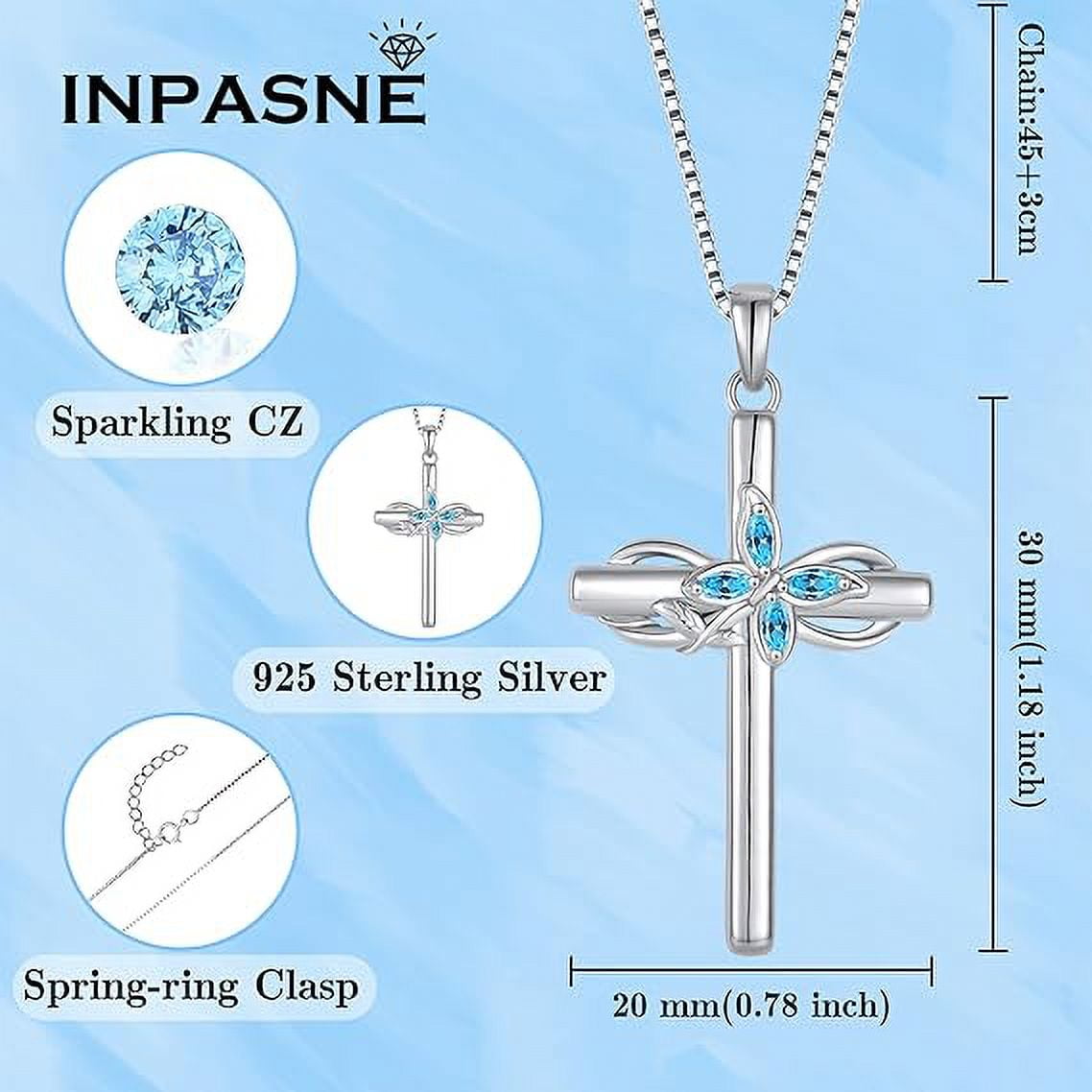 Inpasne Cross Necklace for Women 925 Sterling Silver Infinity Butterfly Aquamarine Necklace March Birthstone Jewelry Gifts for Women Her Mom Wife Girlfriend Daughter