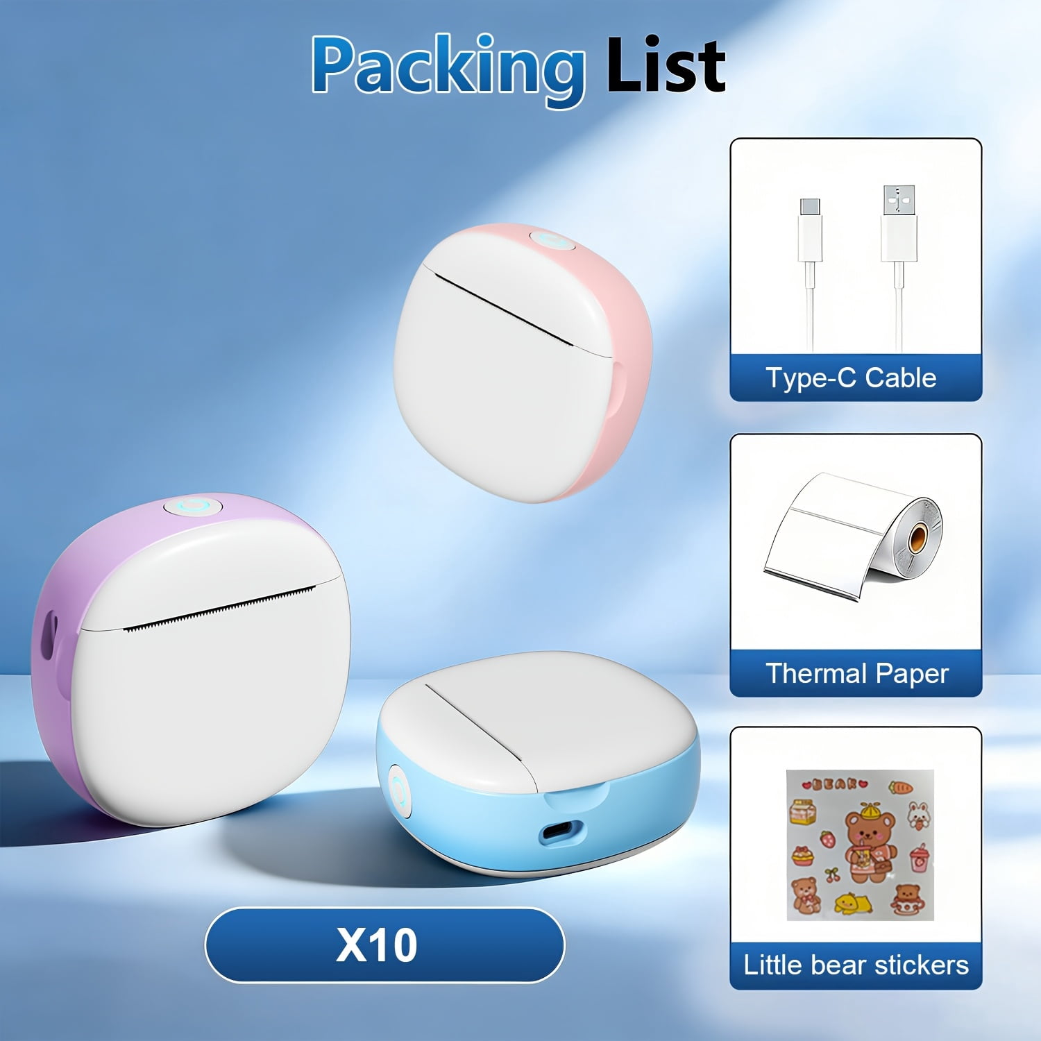 Pocket Sticker Printer, Portable Mini Printer, Ink Free Wireless Sticker Maker, with 3 Rolls of Paper, Portable Label Printer, Suitable for Photos, Diaries, Notes, Memos, Diaries, Gifts, Suitable for