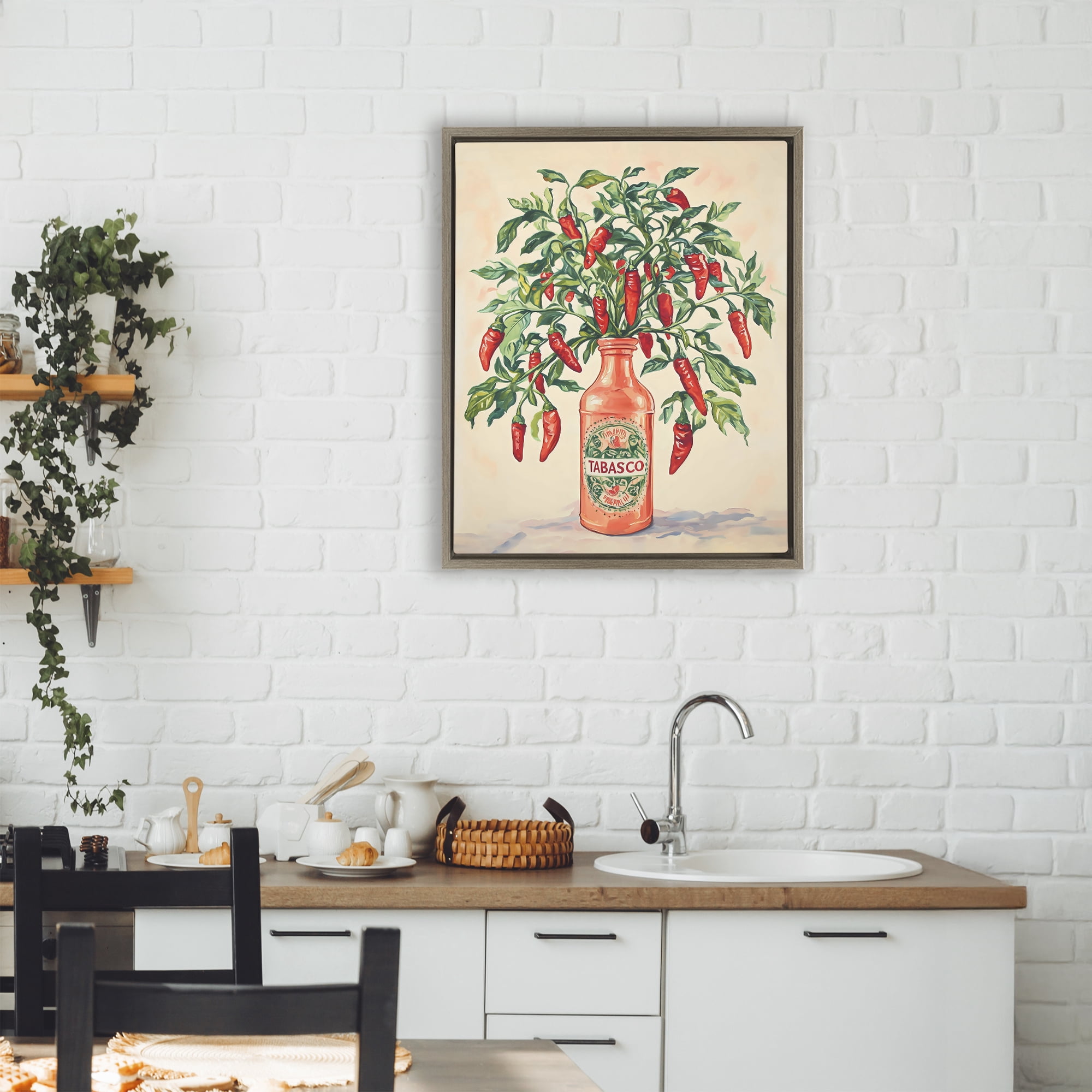 Stupell Industries Chili Peppers in Hot Sauce Vase Brown Framed Floater Canvas Wall Art, design by The Prints Vibe