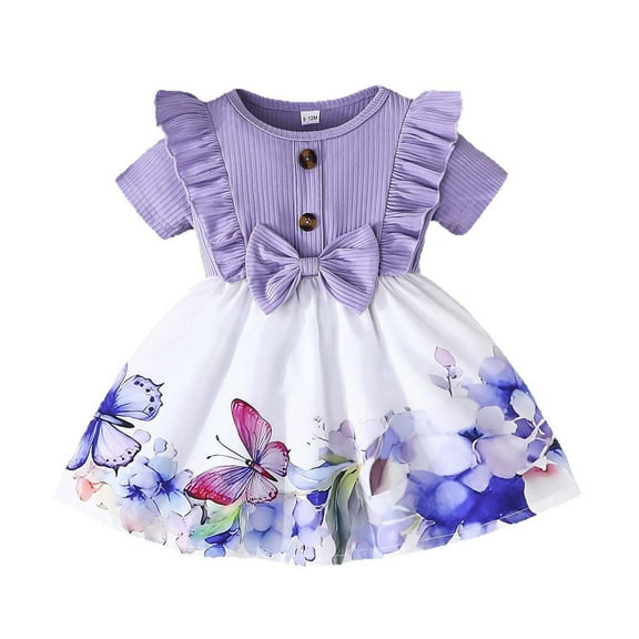 Gelikeya Toddler Easter Dress 6 to 9 Months Cute Bowknot Design Summer Princess Dress Ruffle Short Sleeve Casual Dress(Toddlers, Light , 12-18 Months)