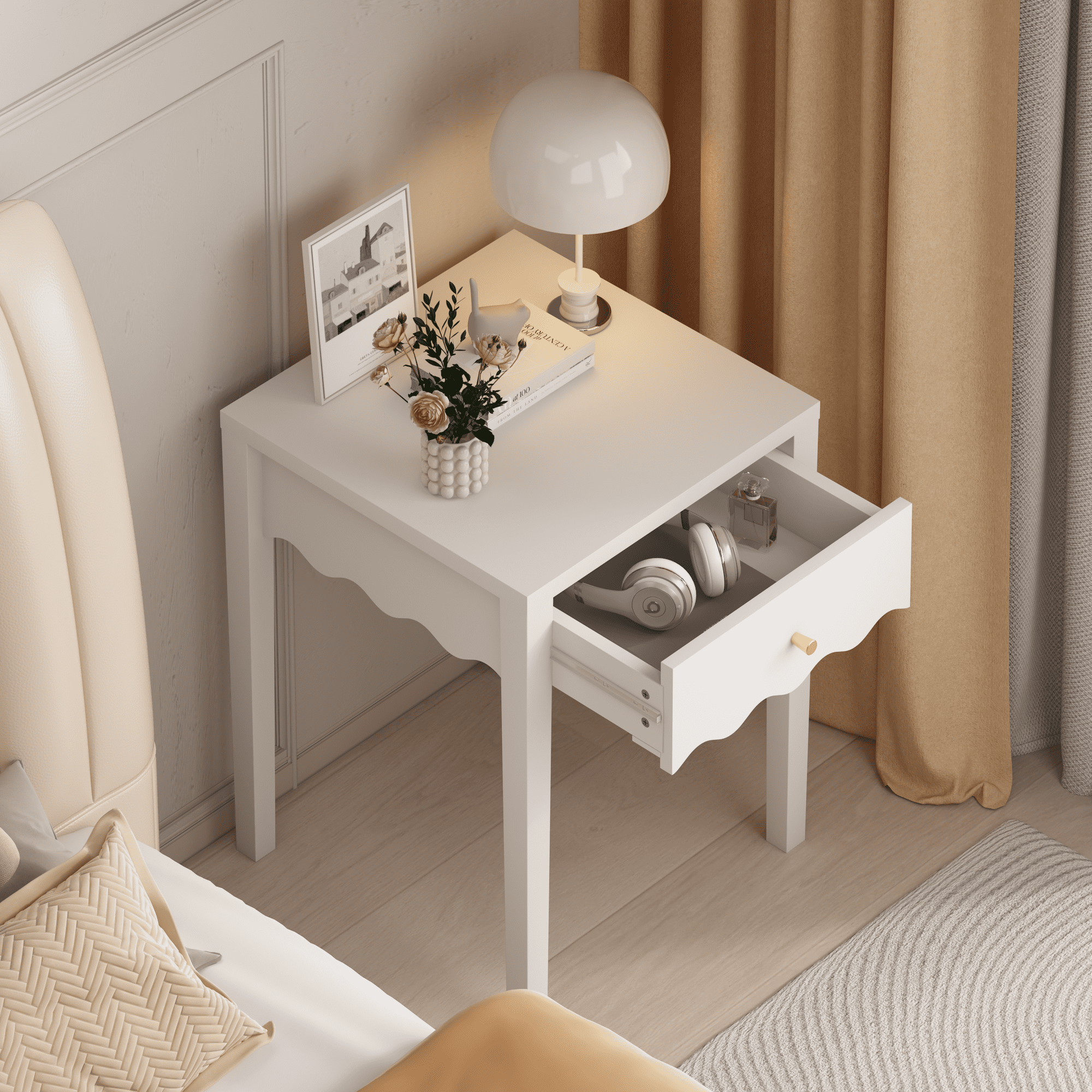 White Nightstand with Drawer, Modern Bedside Table with Wavy Apron Design, Compact End Table for Bedroom Living Room, Small Side Table with Storage