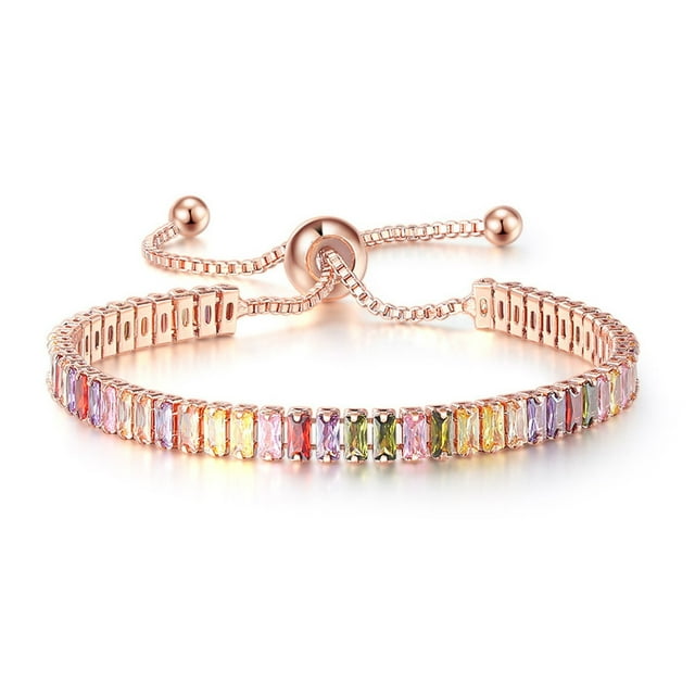 Pulseras para mujer, regalos para mujer, pulsera multicolor de 2 x 4 mm con circonitas redondas y diamantes, pulsera de cristal ajustable (rectángulo de platino), pulsera iónica.