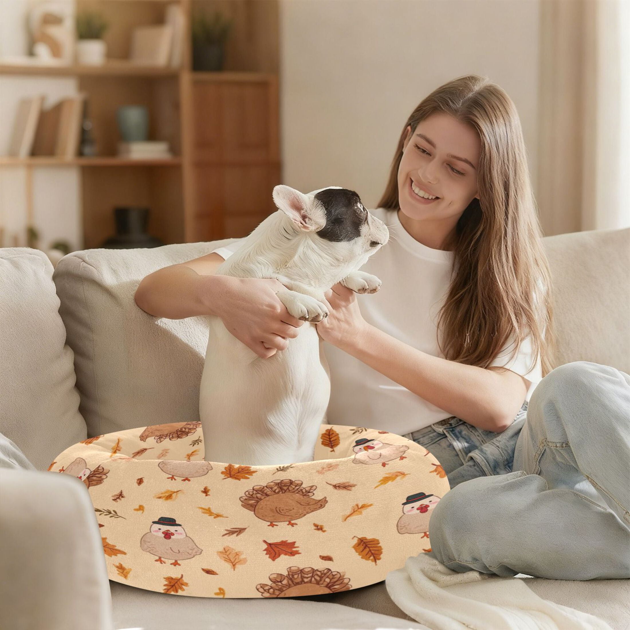 Iauyy Pet Couch Donut Cat Bed for Indoor Cats/Small Dogs Washable & Machine with Non-slip Bottom Calming Cat Furniture, Autumn Leaves (M)