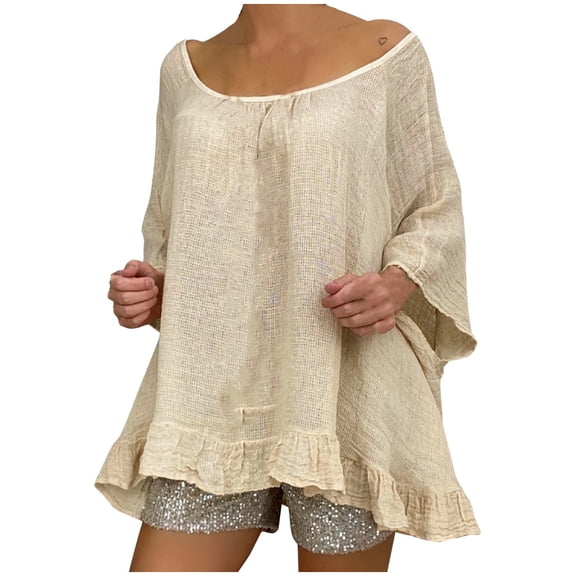 MSJUHEG Womens Tops Plus Size Tops For Women Women Plus Size Loose Three Quarter Sleeve Polka Dot O-Neck Pullover Tops Shirt Workout Tops For Women Khaki L