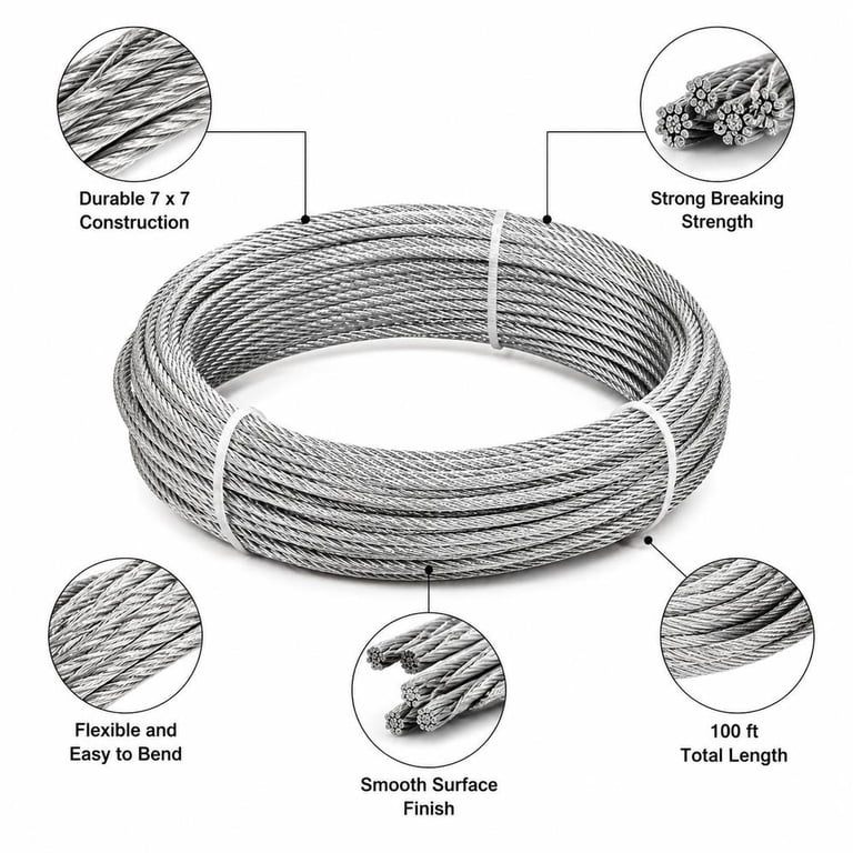 1/8 Inch Wire Rope Kit, 100 Ft 304 Stainless Steel Cable, 7 X 7 Strands ...