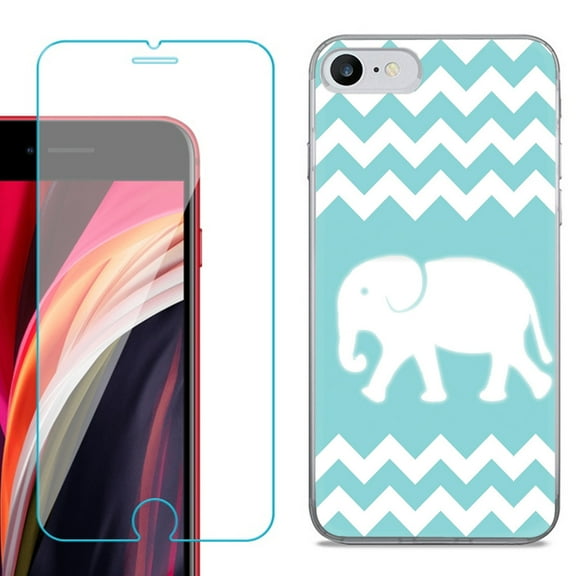 Slim-Fit Fashion Gel Phone Case for iPhone SE 2022, with Tempered Glass Screen Protector, by OneToughShield ® - Chevron/Elephant