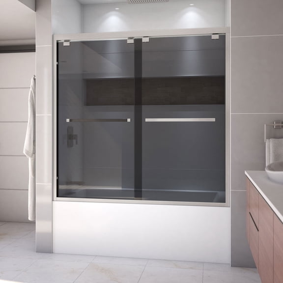 Encore 56-60 Inch W x 58 Inch H Semi Frameless Bypass Sliding Tub Door in Brushed Nickel and Gray Glass