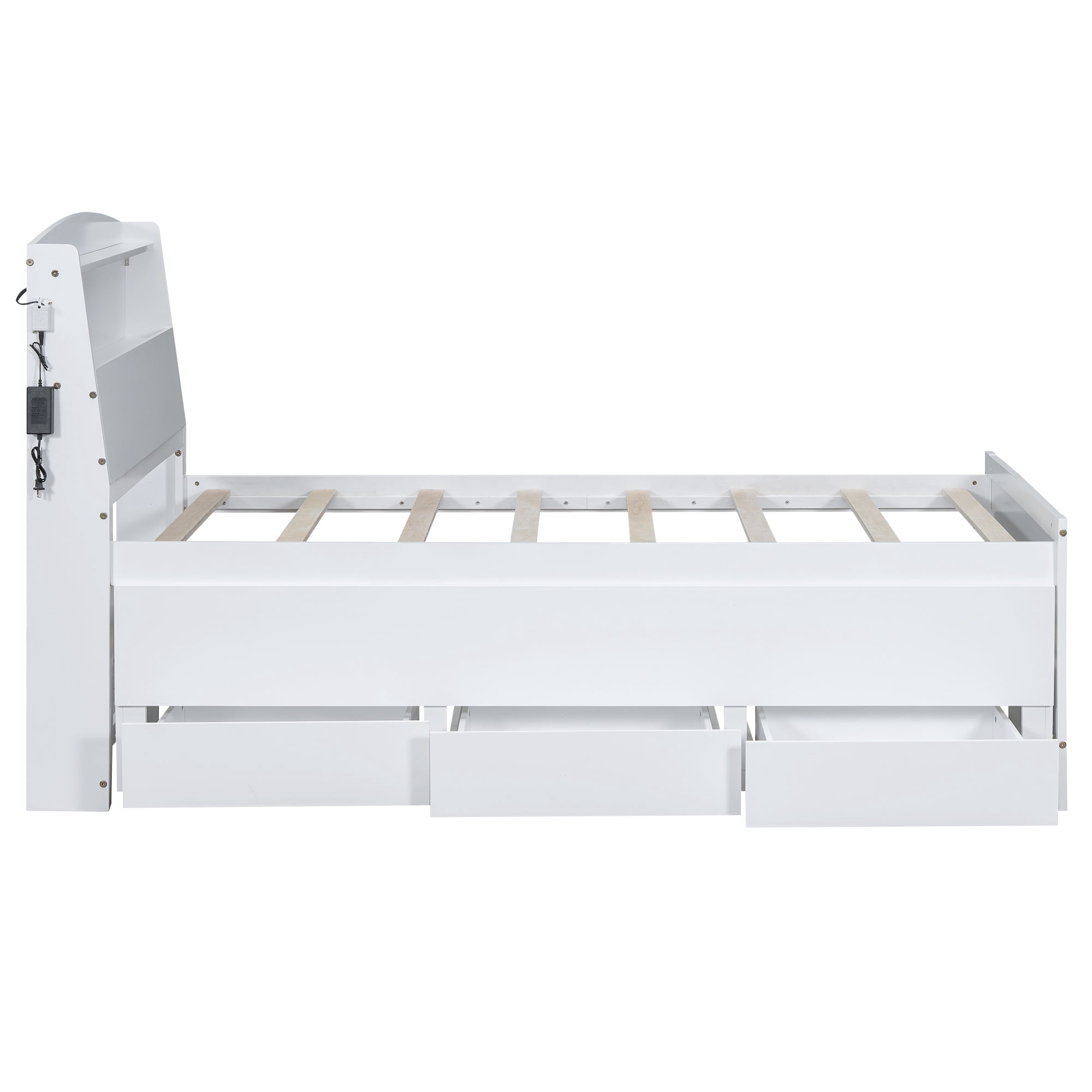 Euroco Wood Twin Size Platform Bed with Storage Headboard, Drawers Trundle and LED Light, White