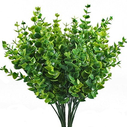 Eucalyptus Plant Stems ShrubArts Artificial Greenery Plants Fake Plastic Eucalyptus Leaves Bushes for Wedding, Garden, Indoor Outdoor, Office Verandah Decor,(4 pieces) ()