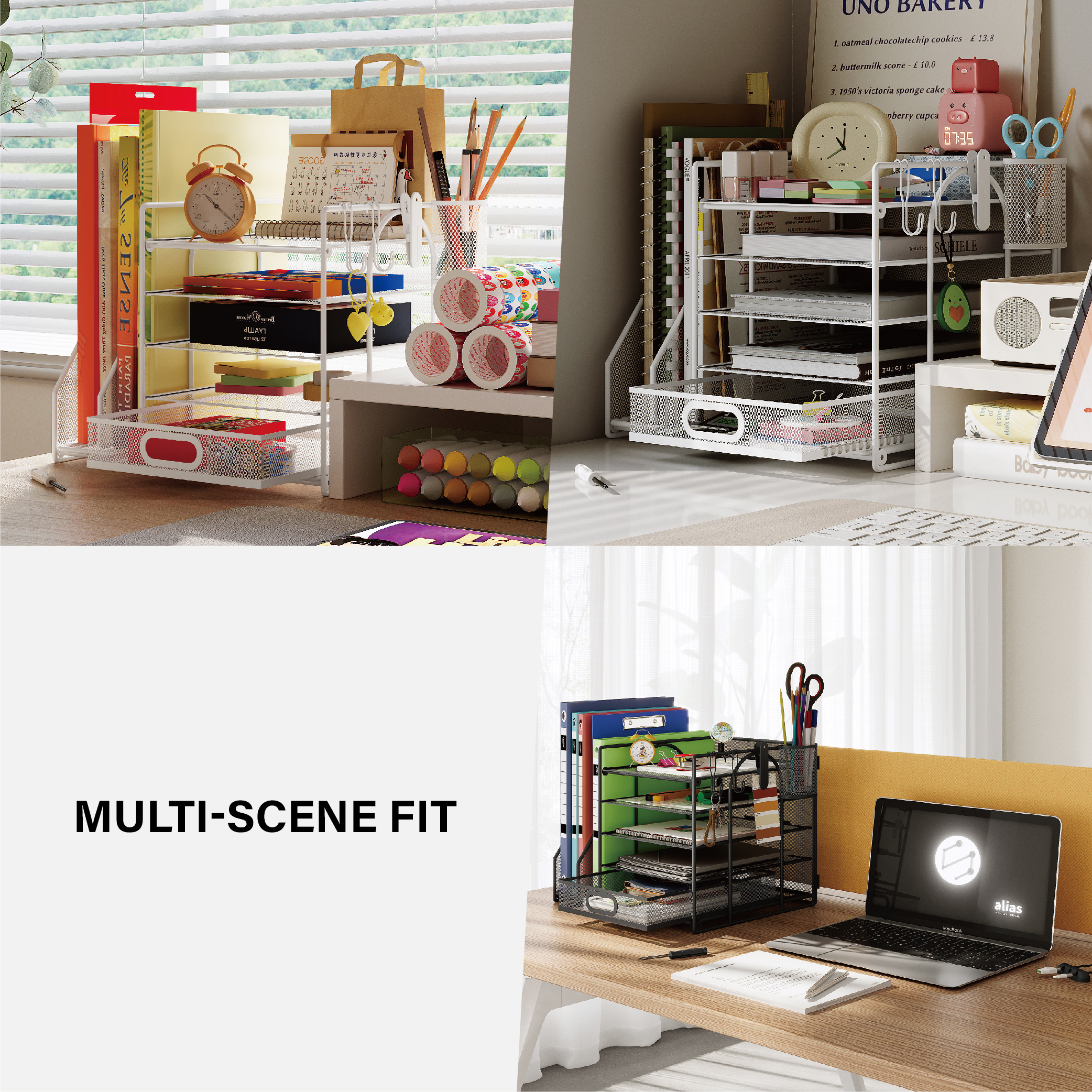 HUHOLE Desk Organizer with File Holder, 5-Tier Paper Letter Tray, Black Powder-Coated Steel