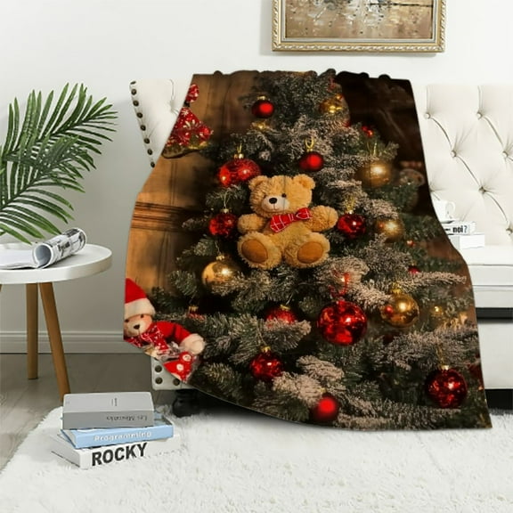 Autua Christmas Tree Teddy Bear Decorations Warm Lightweight Blanket Soft Fleece Blankets Throw Blanket for All Seasons Excellent Hand Feel Living Rooms Sofa Decor Cow Gifts Blanket 40x50in