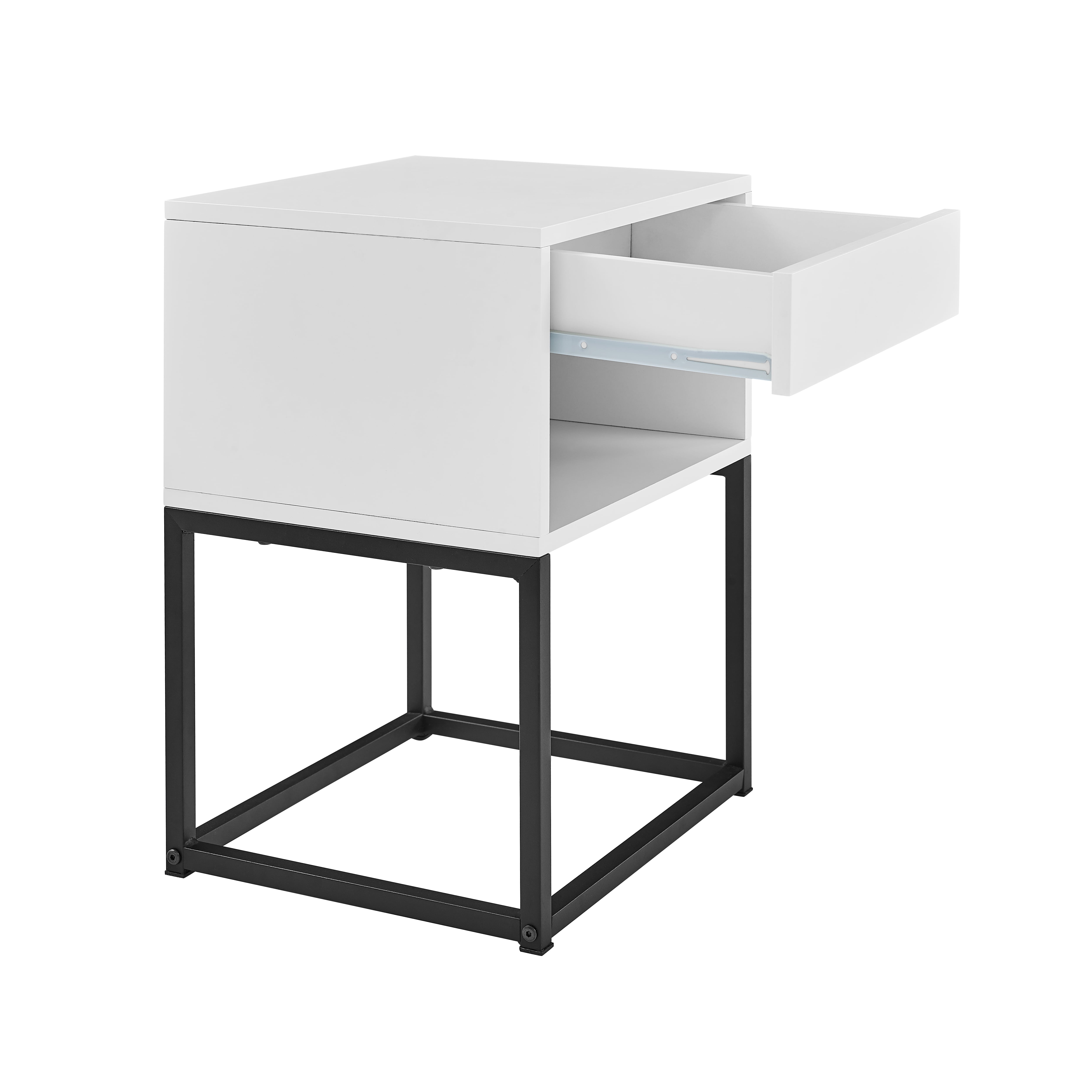 MUSEHOMEINC End Table with drawer and shelf, Metal Legs - White Finish