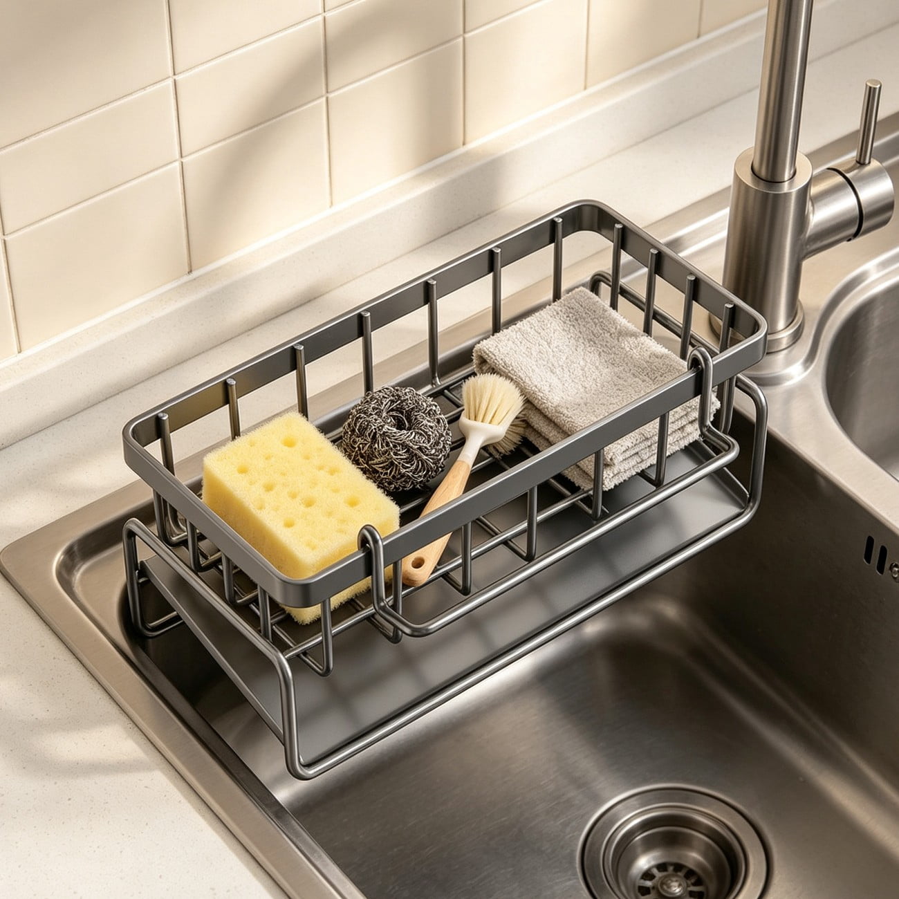 Kitchen Sink Caddy Basket Drain Rack Sponge Holder, 9.45 x 3.94 x 10.24 in