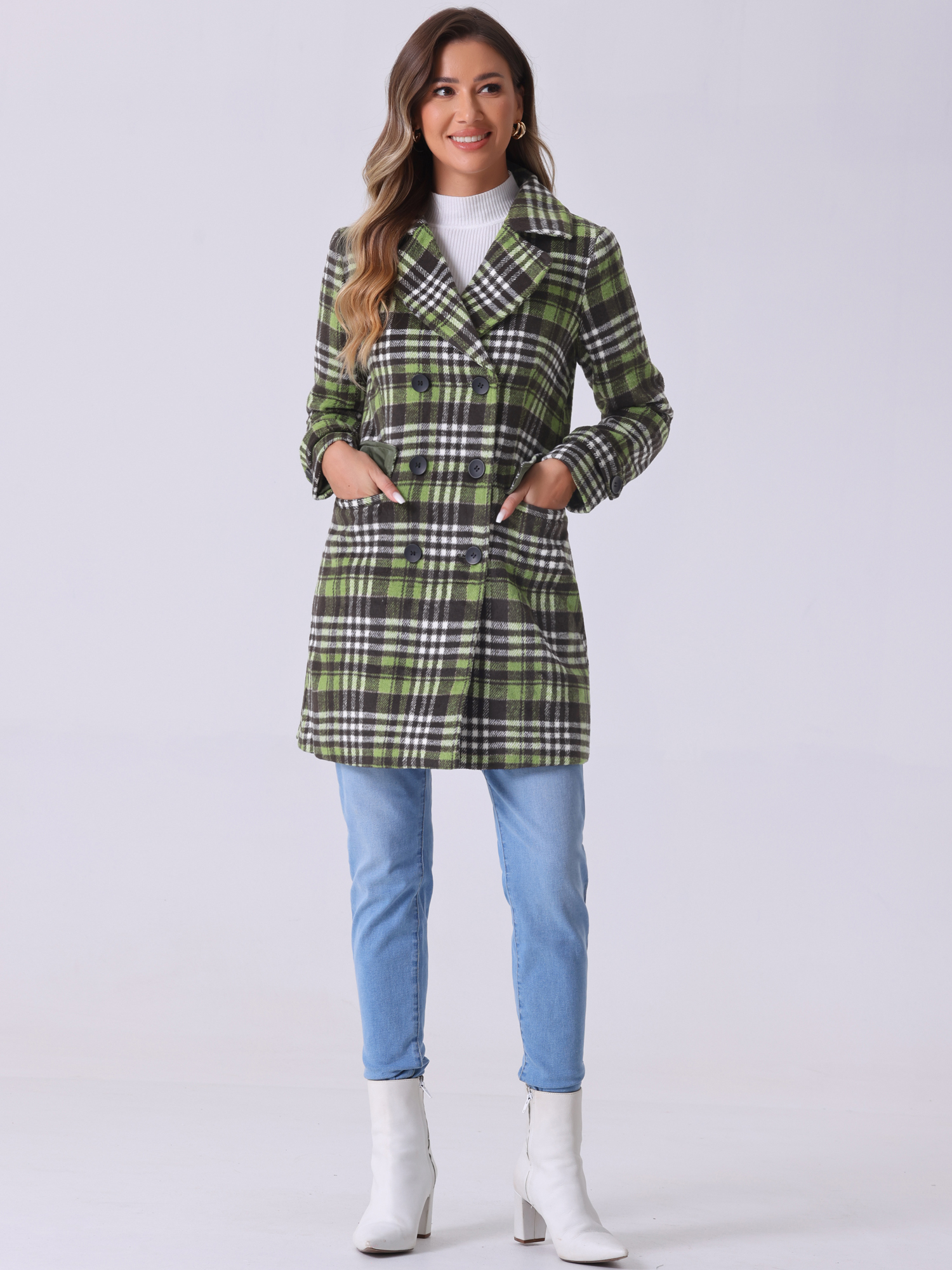 DARING DIVA Women's Plaids Double Breasted Notched Lapel Trench Coat Light Green L