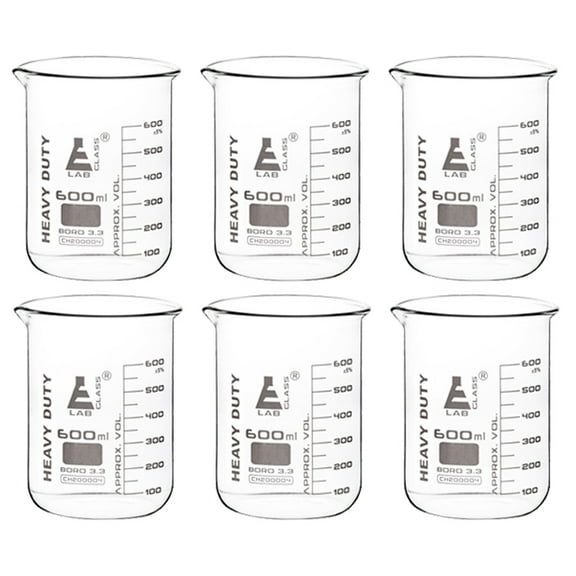 6PK Heavy Duty Beakers, 600ml - 5mm Thick, Uniform Walls - Superior Durability & Chemical Resistance - White Graduations - Borosilicate 3.3 Glass - Eisco Labs