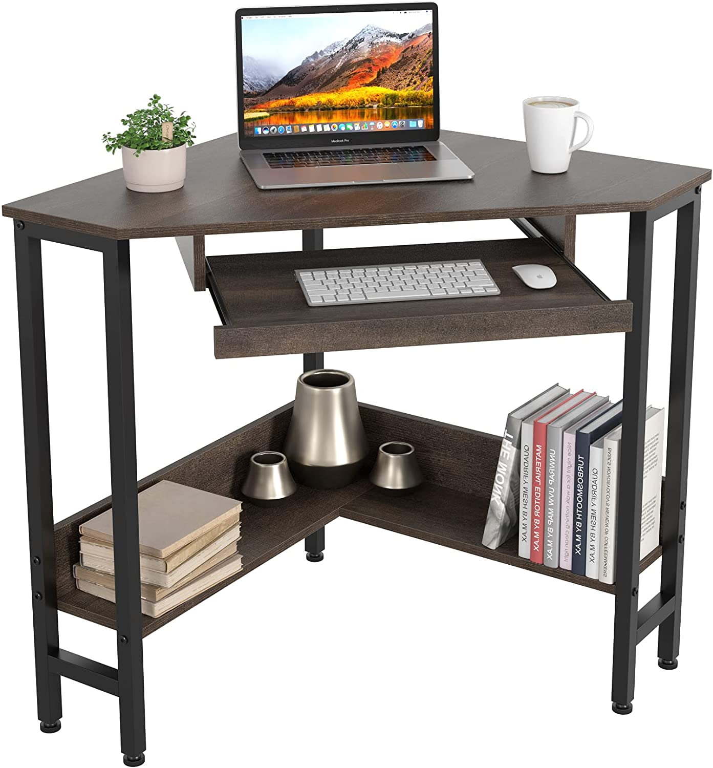 Black with Ebook 62.25 H Computer Desk Corner Workstation Table w/Upper Shelf & Tray & CPU Stand