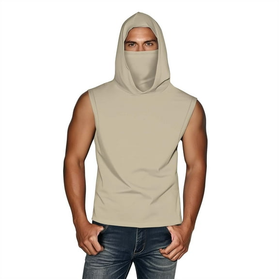 Xfvqtps Mens Sleeveless Tops with Face Neck Mask Hoodie Pullover Cooling Sun Protection Solid Color Breathable Lightweight Summer Shirts Beige
