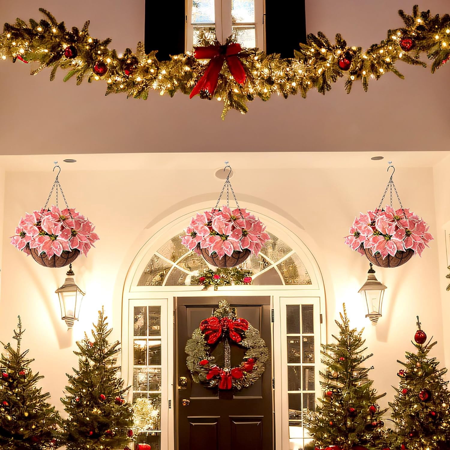 Artificial Christmas Flowers Hanging Basket for Outdoors Indoors Courtyard Decor,Silk Poinsettia Flower with 12 inch Flowerpot,Fake Floral Arrangement Ornaments Xmas Holiday Favor(Salmon)