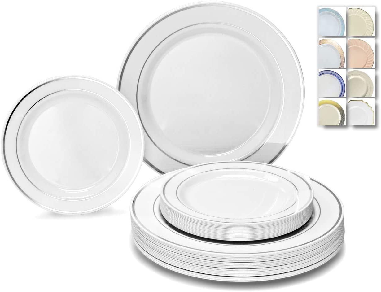 Dessert Plates Square Ivory Gold Rim Dinner Plates Silverware & Cups For All Occasions Disposable Plastic Dinnerware Set for 120 Guests