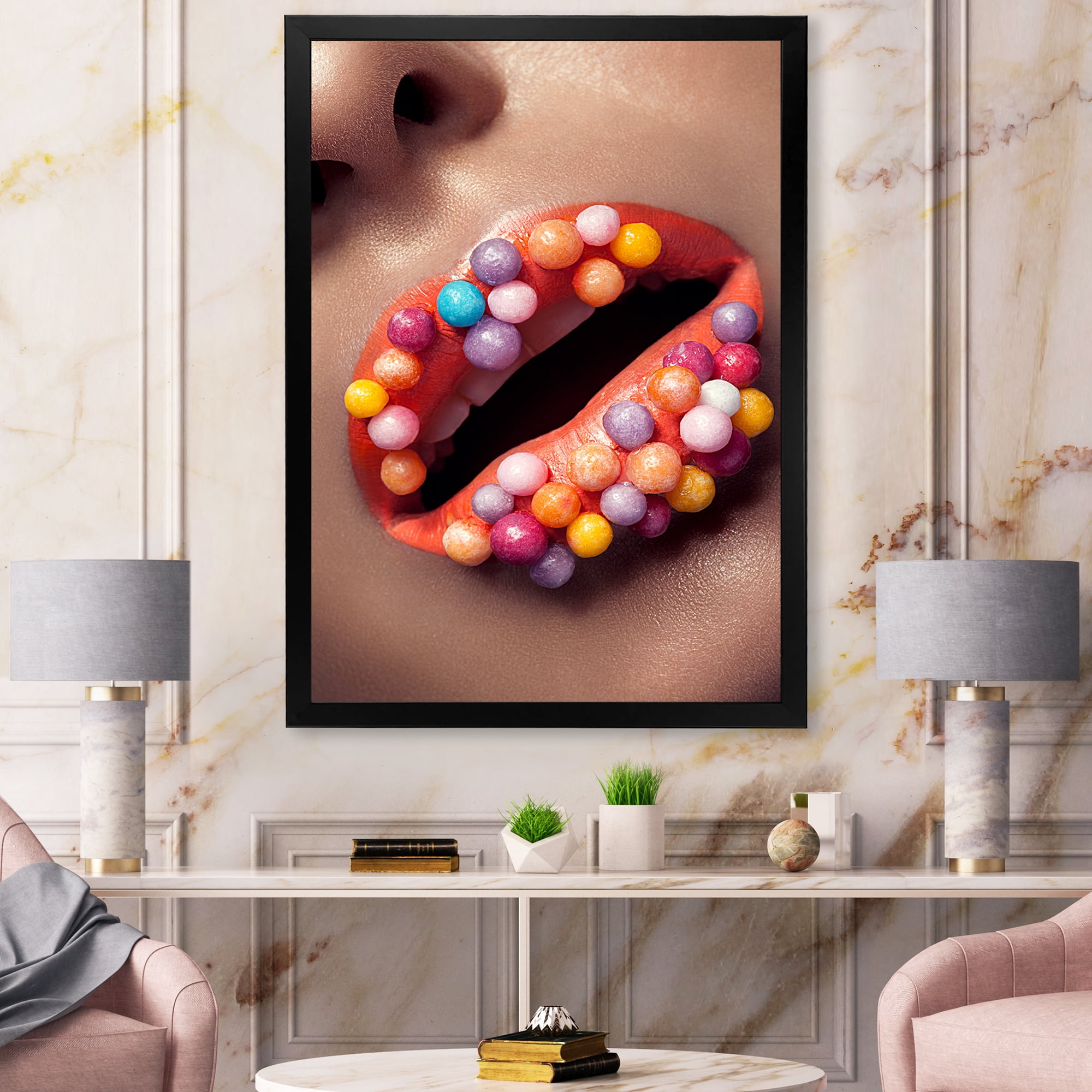 Designart 'Close Up of Creative Make Up On Woman Lips With Lolipops' Modern Framed Art Print