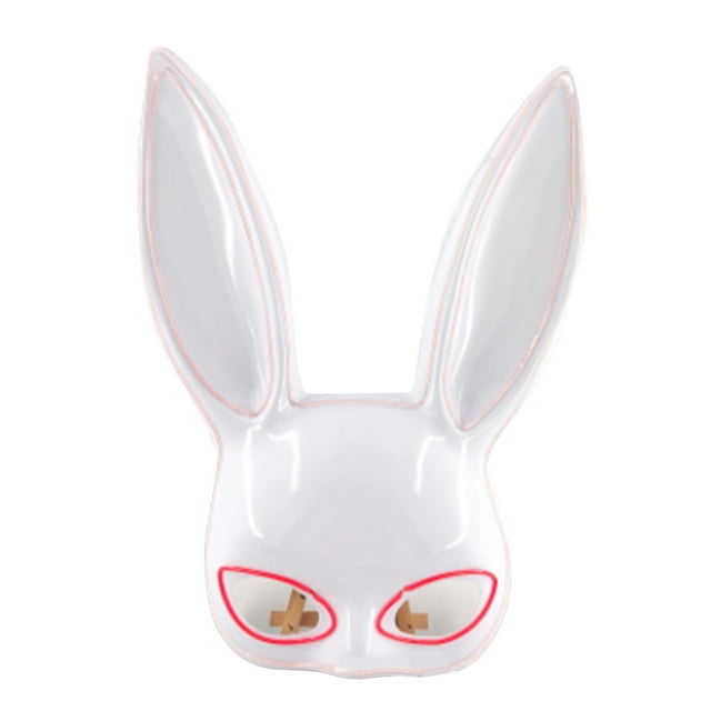 máscara de conejito brillante accesorio de máscara de conejo de media cara para suministros de fiesta de halloween luces rosadas y blancas blanco yunyi brand deportes blanca, vista frontal centrada con orejas largas, media cara de plástico brillante con ojales ovalados y borde iluminado; luz fría LED rosa y blanca con 4 modos de iluminación (fija, parpadeo lento, parpadeo rápido, apagado); adecuada también para sesiones de fotos nocturnas o disfraces festivos.