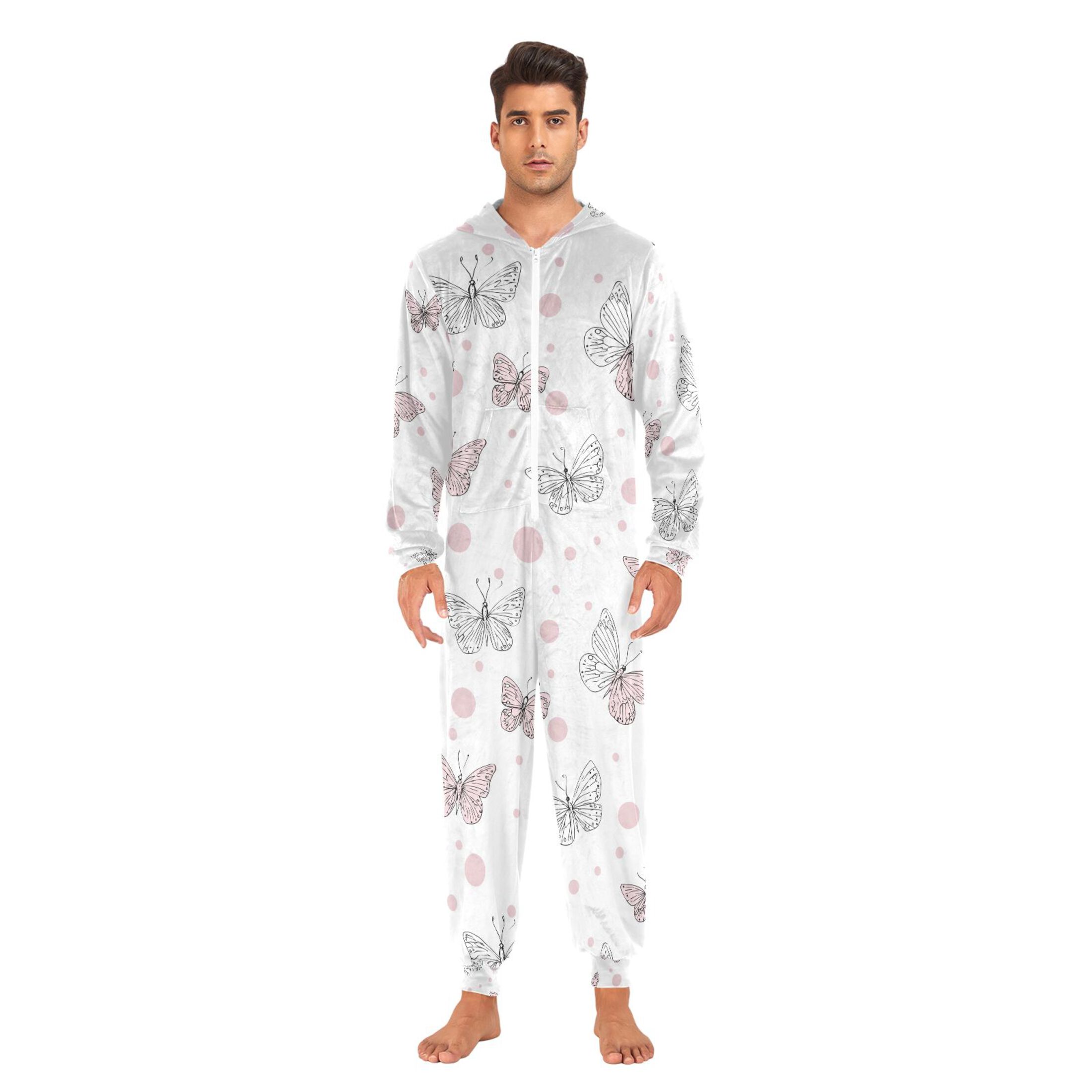 Adult Christmas Onesie Butterfly Pink and White Adult Zipper One-Piece Pajamas Unisex Pajamas with Pockets