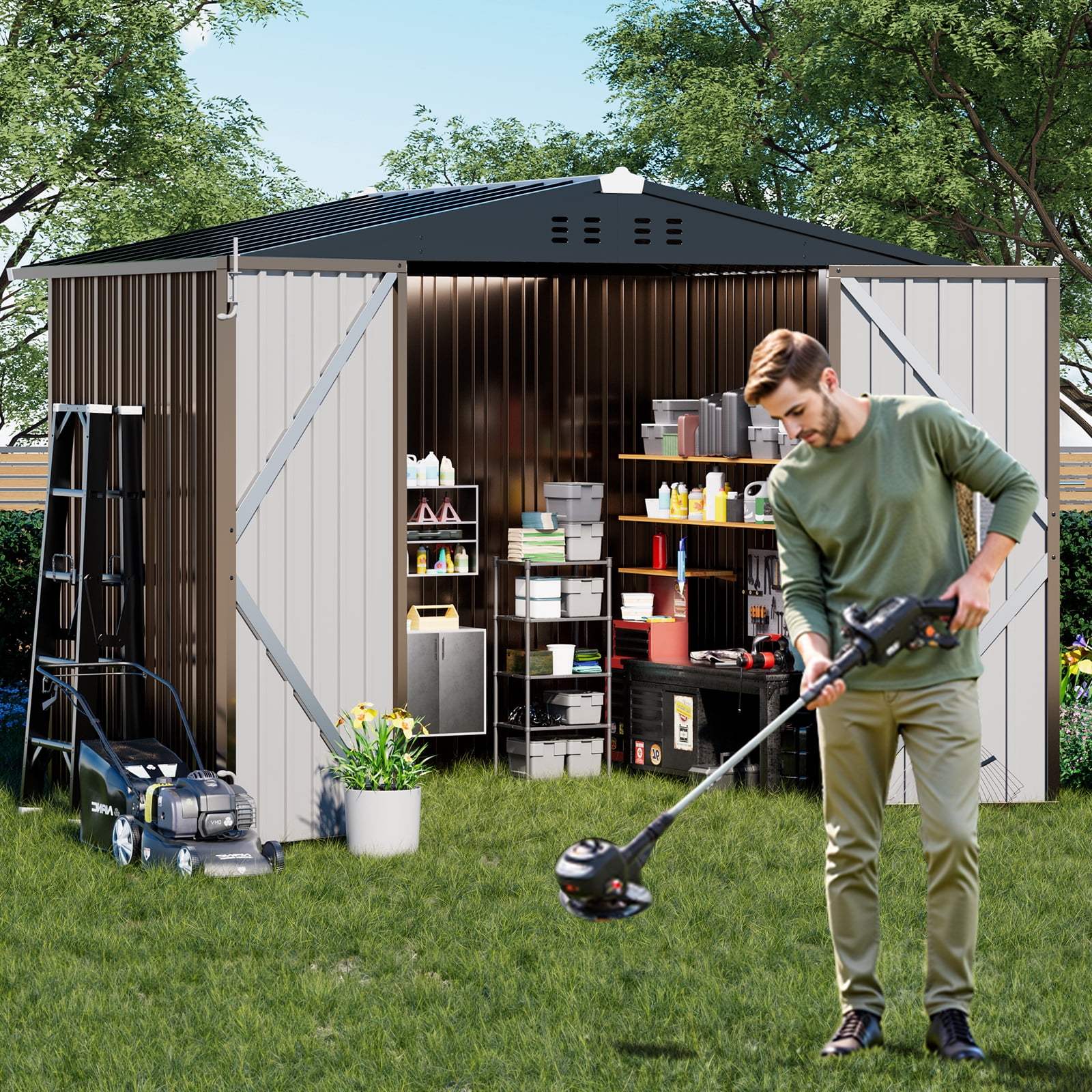 COMHOMA Outdoor Storage Shed 8 x 6 FT Shed with Lockable Door Steel Garden Shed with Air Vent,Brown