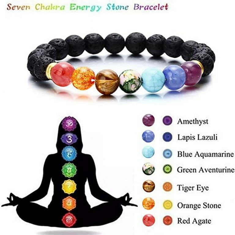 Natural Black Lava Stone Chakra Beaded Bracelet & Adjustable Silicone Bracelet O - Foto 9