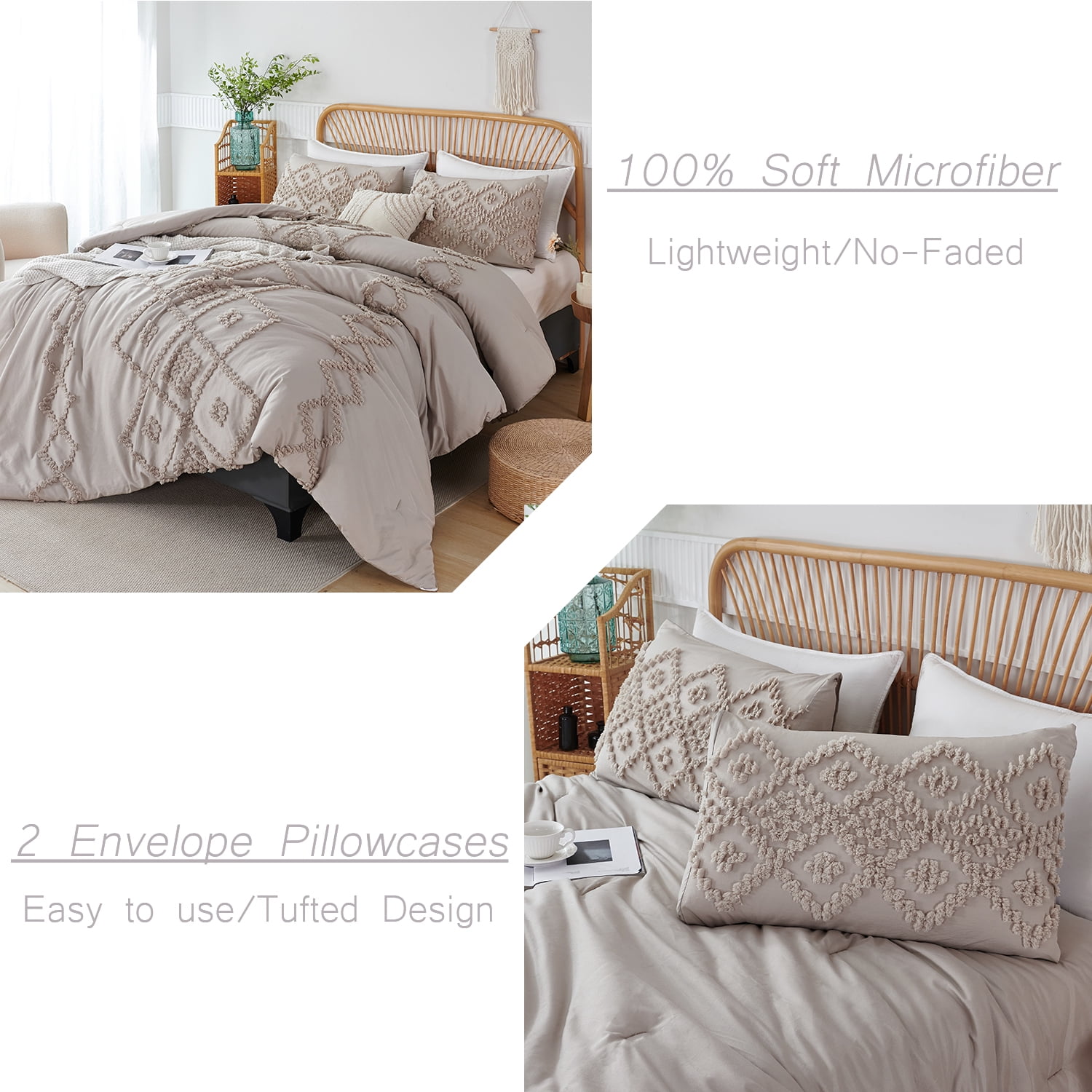 RYNGHIPY 3 Pcs Tufted Comforter Set Queen Size Gray Geometric Boho Style Bed Set Bohemian Shabby Chic Bedding Set for Girls Women Men (Queen, Grey)