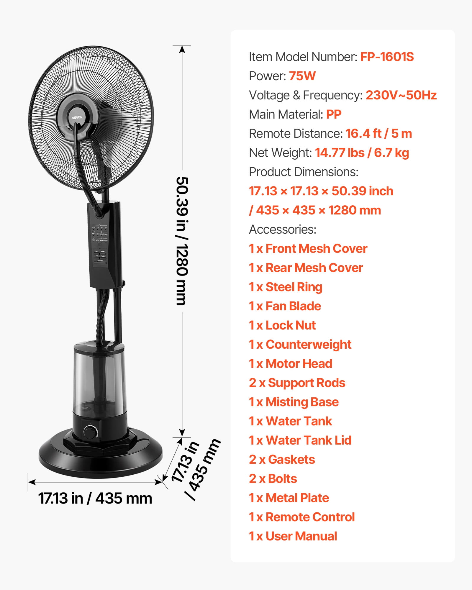 VEVOR Misting Fan, 3 Wind Speeds Misting Standing Fan, Mister Cooling Fans with 0.79 gal Water Tank, Remote & Panel Control, Water Cooling Fans for Indoor, Outdoor, Garage, Patio, Living Room,3 Modes