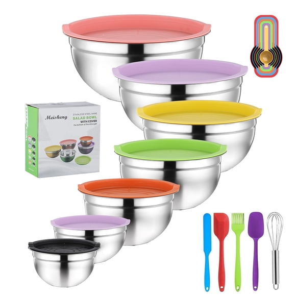 JASUVII Juego de Tazones/Bowls de 7 Piezas, Cuencos para Mezclar con Tapas Herméticas, Bowls de Acero Inoxidable para Cocina, Parte Inferior de Silicona Antideslizante, (7 tama&a