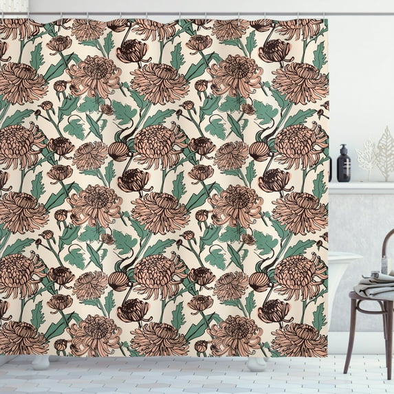 Floral Shower Curtain, Chrysanthemums Buds and Leaves Drawn by Hand, Fabric Bathroom Set with Hooks, 69W X 75L Inches Long, Champagne Peach Laurel Green and Charcoal Grey, by Ambesonne