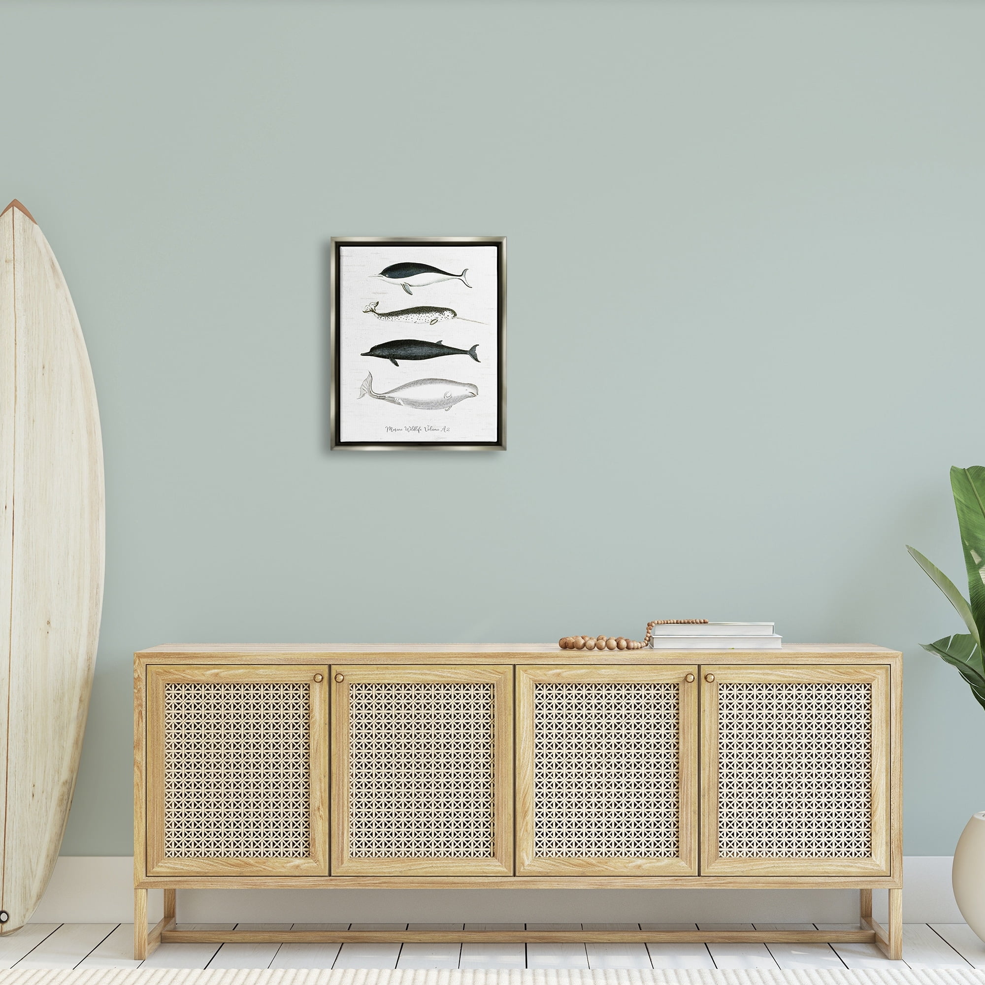 Stupell Industries Nautical Sea Life Whales Narwhal Marine Drawings Graphic Art Luster Gray Floating Framed Canvas Print Wall Art, Design by Lettered and Lined