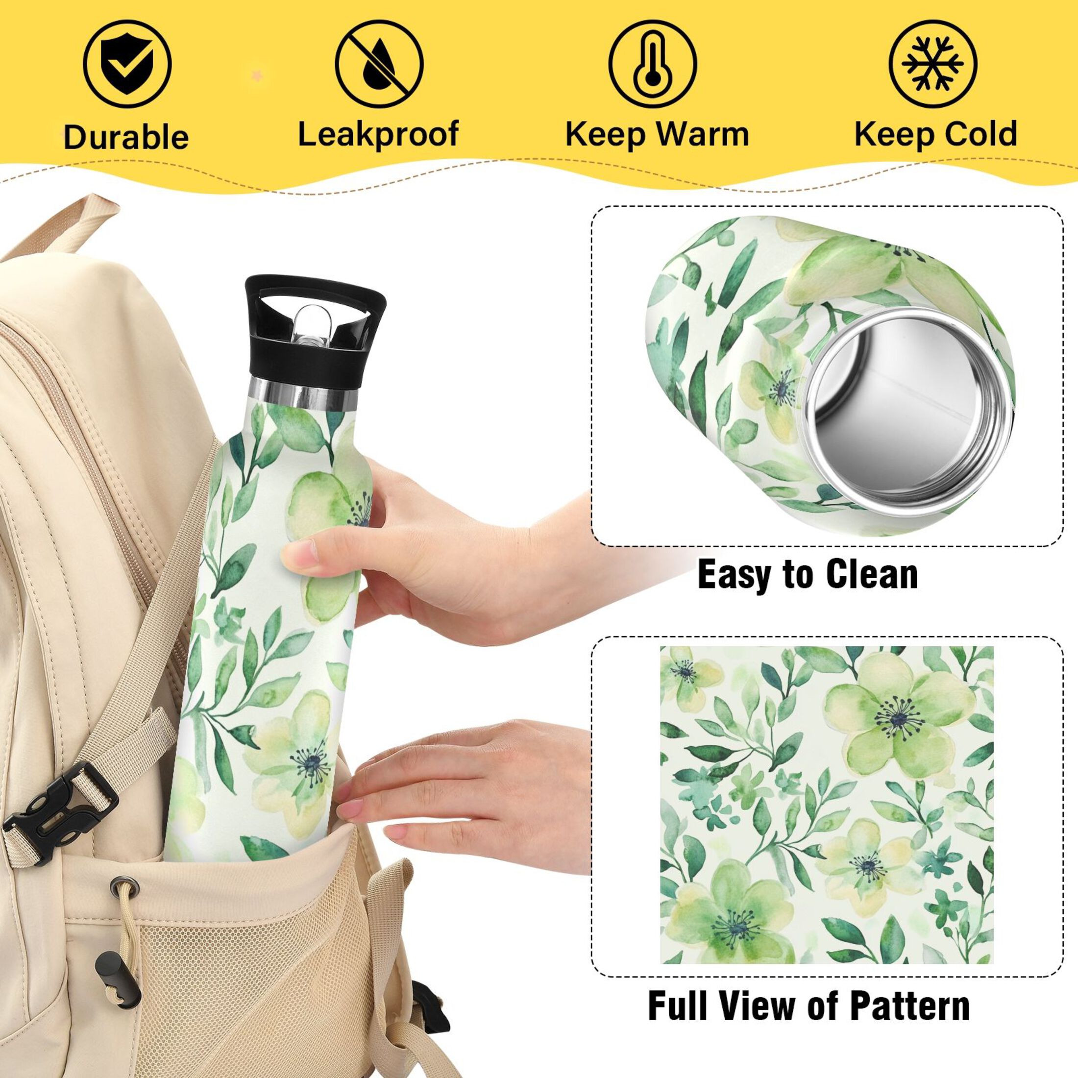 600ML Stainless Steel Insulated Cup Sports Water Bottle Portable Thermos Cup Water Glasses Insulated Tumblers Convenient and Durable Vibrant Turquoise Flowers
