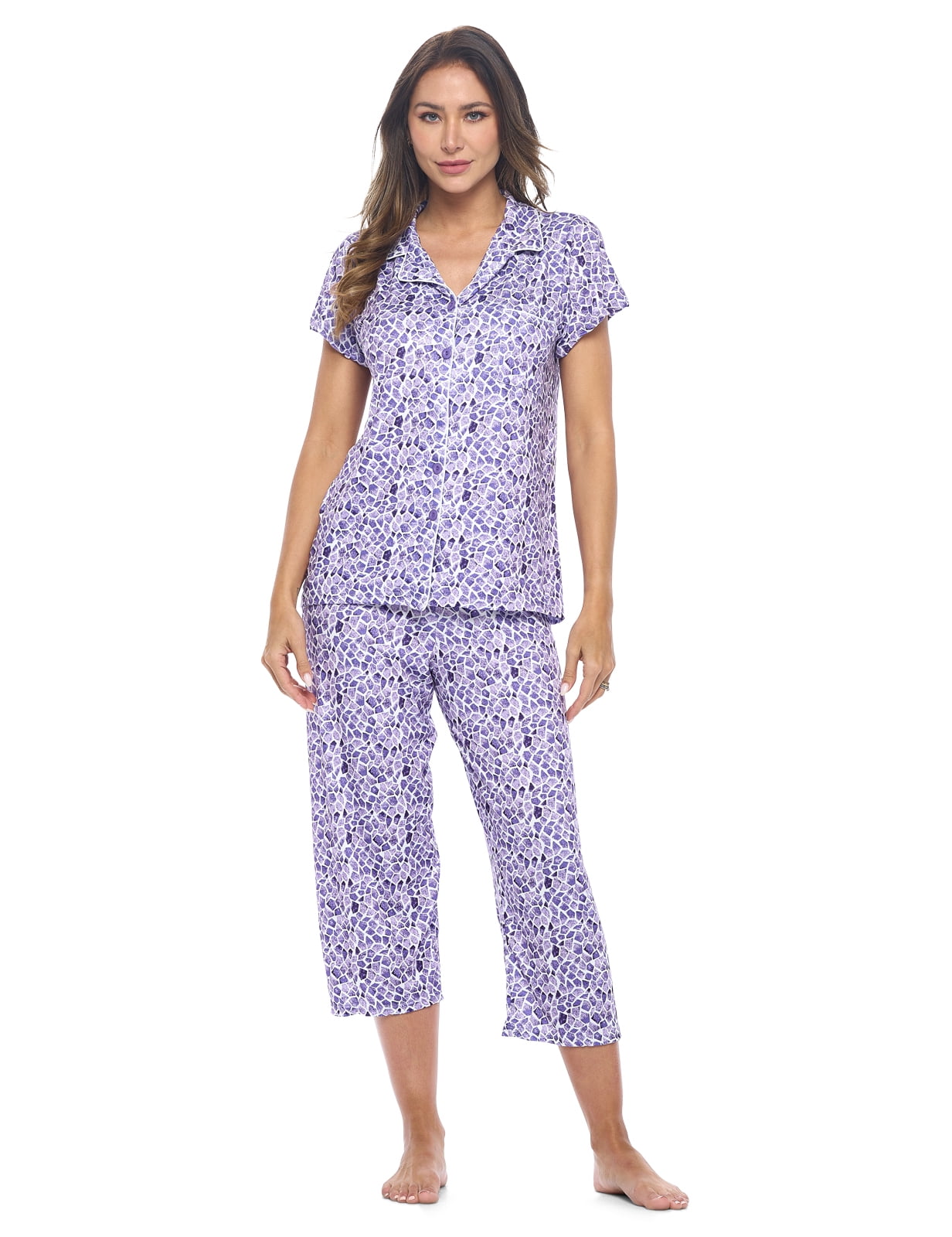 Casual Nights Women's Super Soft Capri Pajamas Set, Short Sleeve Button ...