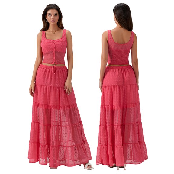 Baby Sweetie Women's 2 Piece Summer Outfits Scoop Neck Tank Tops with Tiered Vacation A-line Skirt Set Party Dress