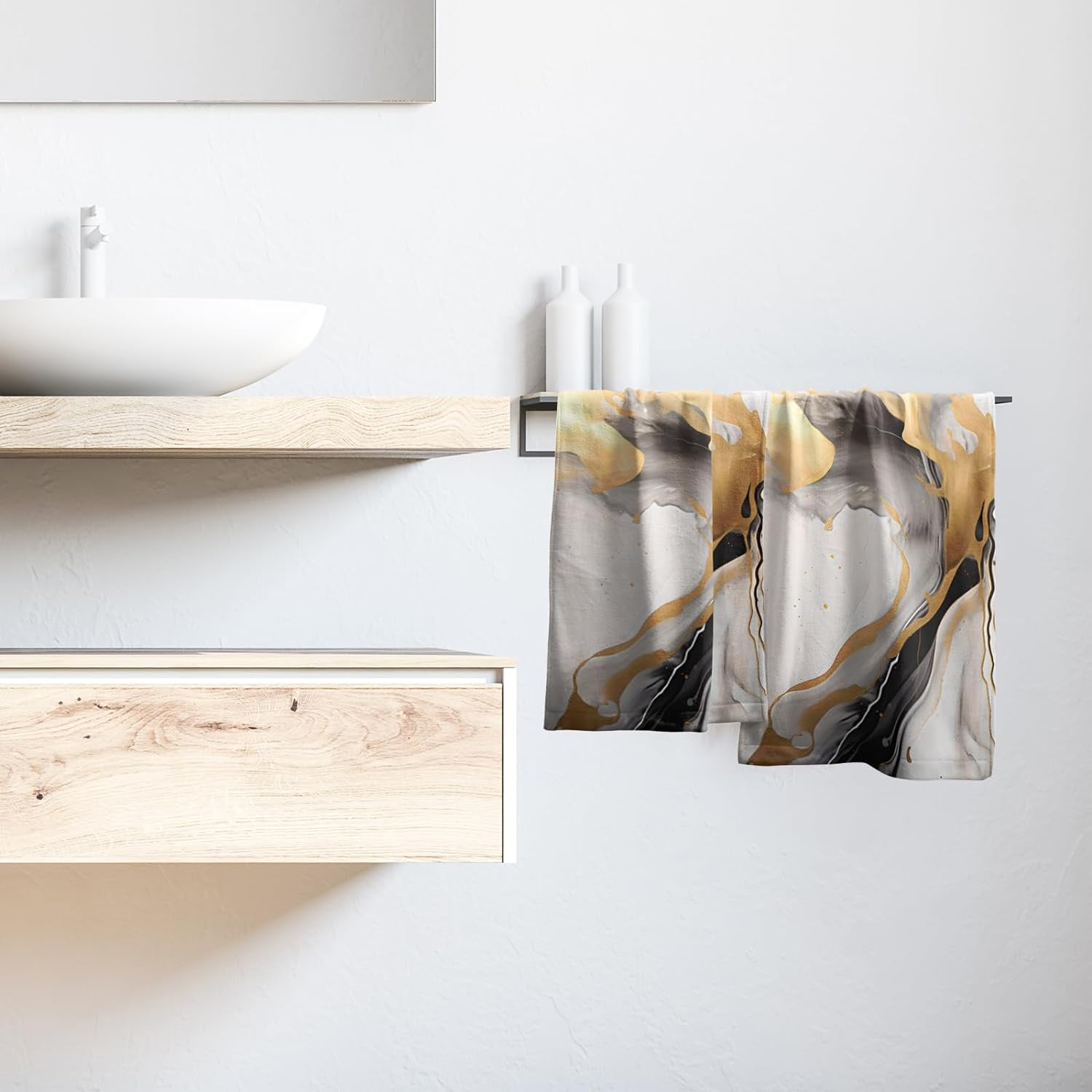 Marble Hand Towels for Bathroom - Grey Marble Bath Towel Set of 2 Abstract Luxury Gray  Marble with Gold Veins Texture Kitchen Dish Towels Decorative Towels for Guest Gym Spa