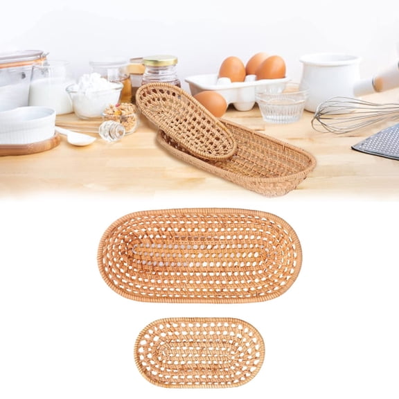 Small Rattan Bread Basket, Handwoven Narrow Baskets for Storing Flatware, Baguettes, Snack, Fruits at Home or Party (Oval)