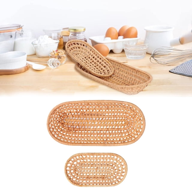 Natural Rattan Woven Bread Basket (Large+Small)– Oval Handmade Fruit & Vegetable Serving Tray for Farmhouse Table, Picnic & Kitchen Decor