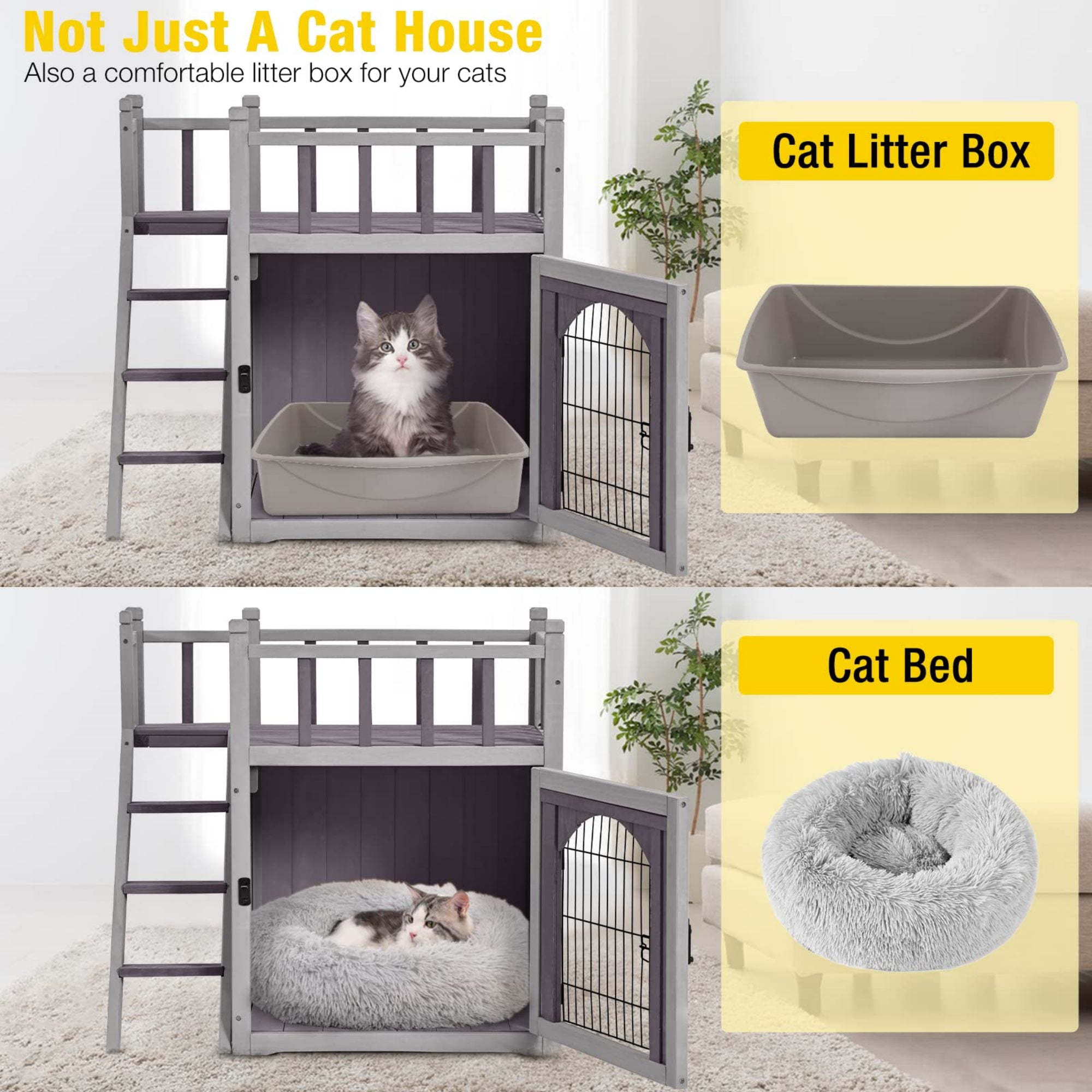 Aivituvin Wooden Cat House Outdoor Kitty Shelter Pet Houses with Stairs, 2 Storys