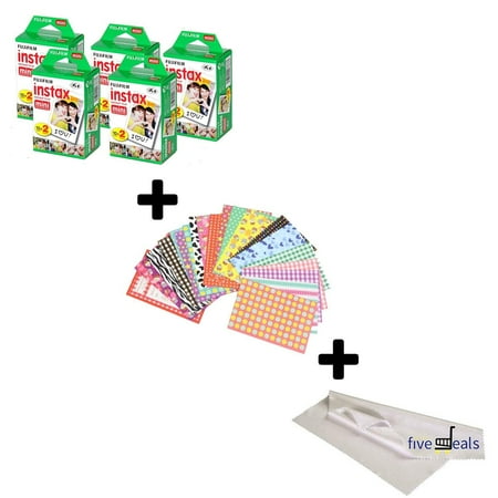 Intant Film Camera Fujifilm Instax Mini 9 FILM 5 Packs Bundle Set For Fuji Instant Camera + FREE 20 Border Stickers + Cleaning cloth (5 pack) ()